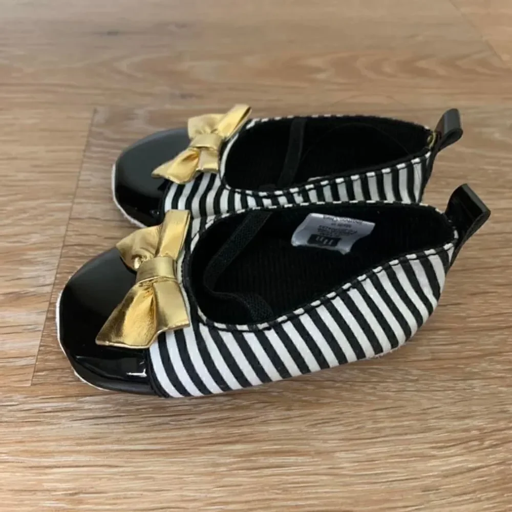HB 6-12 Months Black Striped Patent Gold Bow Baby Girl Shoes